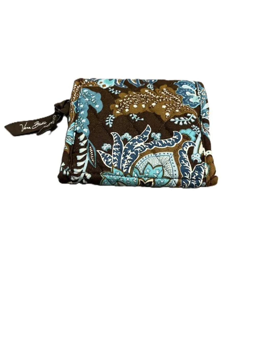 Vintage Vera Bradley Java Blue Trifold Compact Wallet Quilted Cotton Brown Teal - Picture 2 of 3